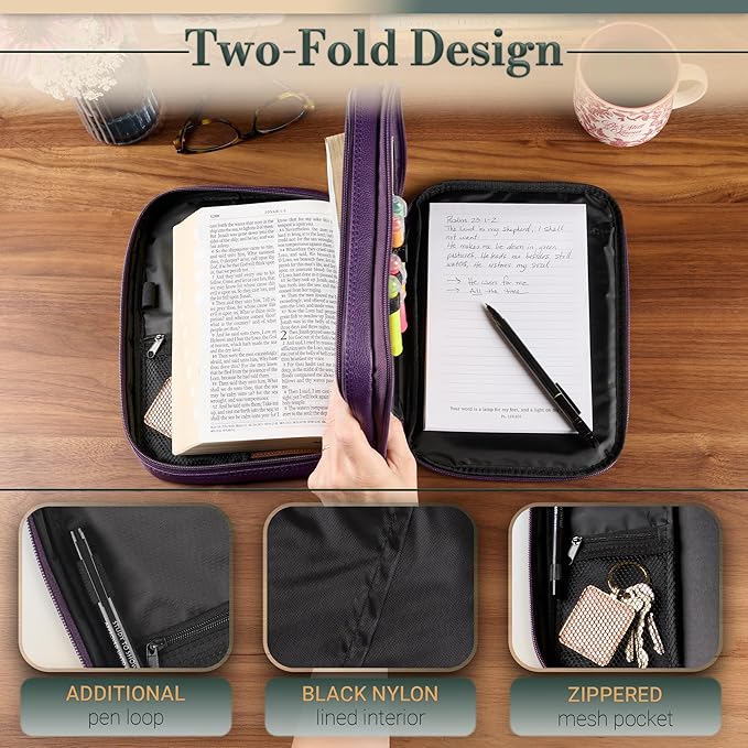 Christian Art Gifts Inspirational Vegan Leather Two-fold Organizer Bible Cover for Women, Jesus Fish Badge, Sturdy Carry Handle, Pen Loops, Pockets, Pen/Highlighter Combo & Notepad, Purple, Large