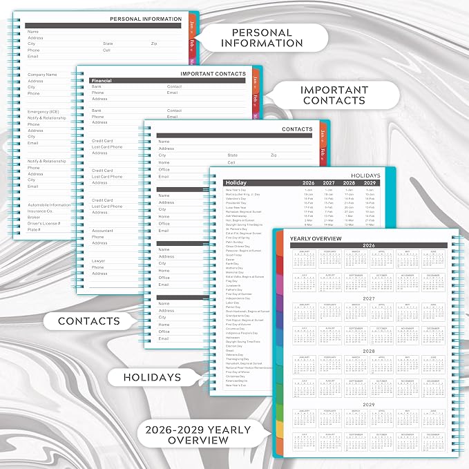 Artfan Monthly Planner/Calendar 2026-2029 - Jul.2026 - Jun.2029, 9" x 11", 3 Year Monthly Planner 2026-2029 with 36-Month Calendar + Colorful Tabs + Pocket - Teal