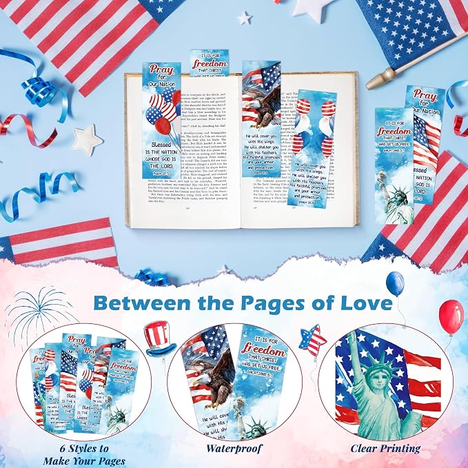 TICIAGA 250th Anniversary Watercolor Religious Bookmarks - 120Pcs 4th of July American Stars and Stripes Prayer Patriotic Bookmarks for Kids, Memorial Day Church Christian Giveaways for Sunday School