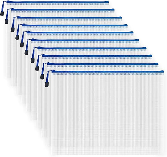 10 Pcs Zipper File Bags, Waterproof Plastic Mesh Pouch for Office School, Board Game Storage Bags (B4 Size 15''x11'', White and Blue)