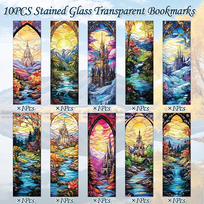 Fantastic Stained Glass Transparent Bookmark - Wxiben 10 Pcs Moon Castle Transparent PVC Bookmark Dark Romance Book Mark Page Clips Gifts for Women Men Book Lovers Teacher Student Bookish Readers