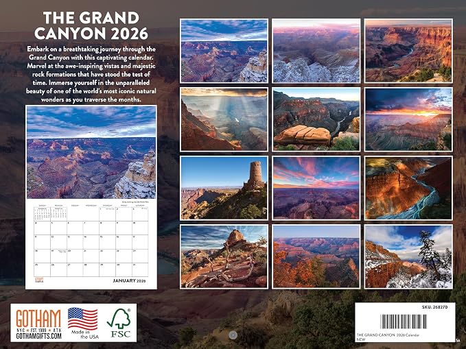 Grand Canyon Calendar 2026 Arizona Monthly Wall Calender 12 Month | American Made In The USA
