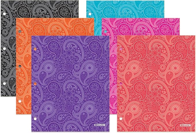 BAZIC Products 2 Pocket Paper Folder, Letter Size Document Organizer for School, Office, Business Use, Paisley Design Portfolio Folder for Homework, Reports & Forms, Assorted Colors, 6-Pack