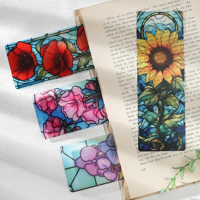 Pretty Flower Bookmark Gifts - 20 Pcs Floral Stained Glass Art Bookmarks for Women Book Lovers Aesthetic Transparent PVC Page Marks School Reading Accessories Bookish Birthday Graduation Gift
