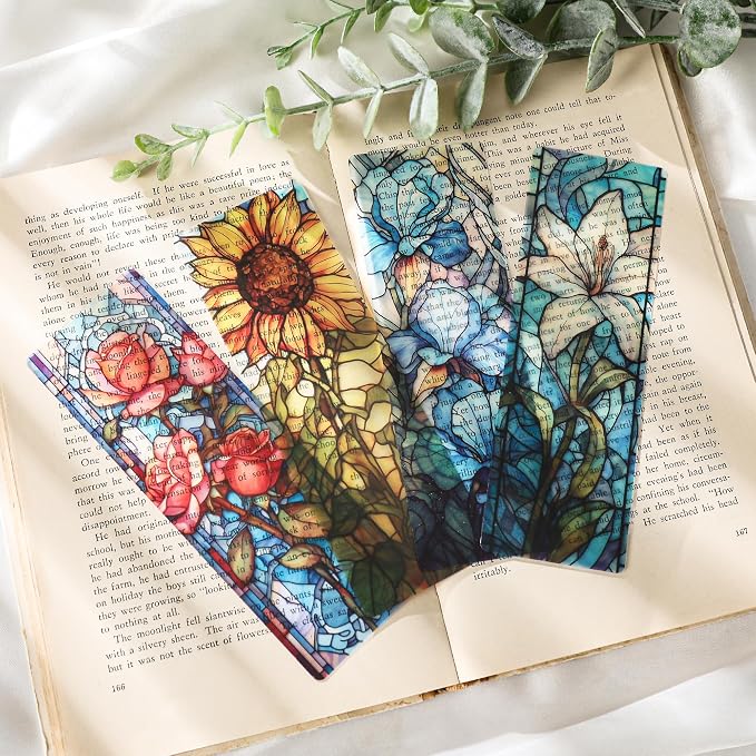 Aesthetic Flower Bookmark Gifts - 10 Pcs Personalized Art Stained Glass Bookmarks for Women Girls Book Lovers Vintage Floral Page Marks School Reading Accessories Bookish Gift for Birthday