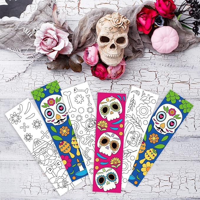 75Pcs Day of the Dead Color Your Own Bookmarks, Mexico Theme DIY Coloring Blank Bookmark Mexican Fiesta Party Game Prize Art Craft Supplies for Teachers Students Classroom Reward Goodie Fillers