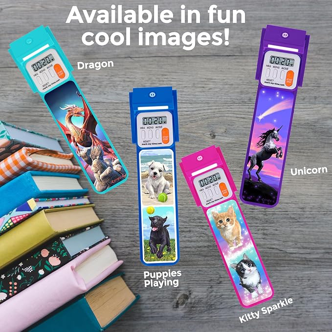 Mark-My-Time Digital Bookmark and LED Book Light - Timer and Bookmark for Kids with LED Book Light, Cool Bookmarks and Reading Incentives, Christmas Gift & Stocking Stuffer - Unicorn