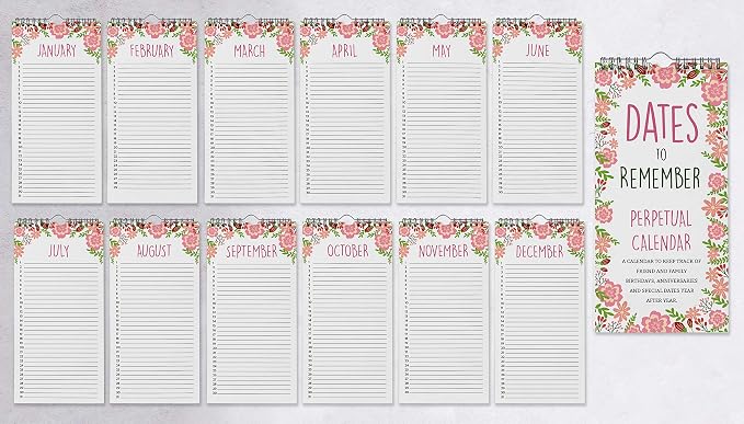 Floral Perpetual Calendar Birthday Wall Hanging Anniversary Special Events Reminder Calendar Book Journal Stationary Wall Hanging Birthday Gift Cards Planner Organizer