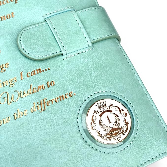 Galileo® Double AA Big Book Cover & 12 Steps & 12 Traditions | PU Leather | Coin Holder | AA Book Covers for Hardcover | AA Gift | Alcoholics Anonymous (Serenity Prayer/Pastel Mint)
