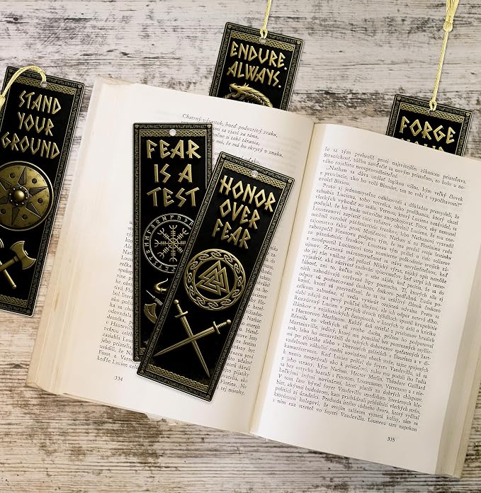 8Pcs Nordic Vikings Bookmarks for Men, Motivational Celtic Valknut Yggdrasil Compass Totem PVC Book Page Marker with Tassels Norse Mythology Party Favors Gift for Reading Lover Office School Classroom