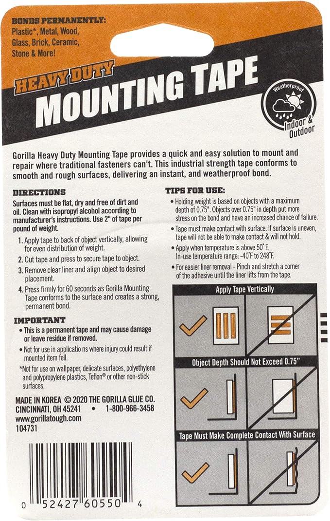 Gorilla - Heavy Duty Double Sided Mounting Tape; Weatherproof; 1" x 60"; Black; (Pack of 8)