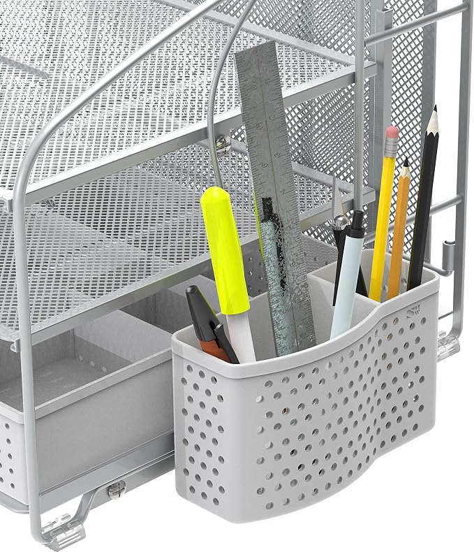 Simple Houseware 3-Tier Desk Organizer with Sliding Drawer, Hanging File Holder and Pen Holder Accessory, Silver