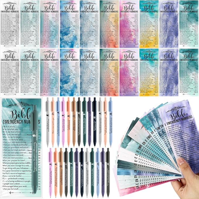 Feifeiya 150 Set Christian Fathers Day Church Gifts Bulk Pentecost Pastor Clergy Religious Pens Bible Verse Party Favor Emergency Number Bookmark Card for Sunday School Pastor(Watercolor,Religious)
