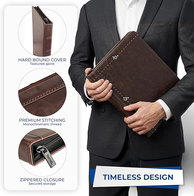 Samsill Vintage Portfolio/Zipper Faux Leather Portfolio, Book Style Hardback Design, Business & Interview Padfolio Organizer, 8.5 x 11 Writing Pad, Dark Brown