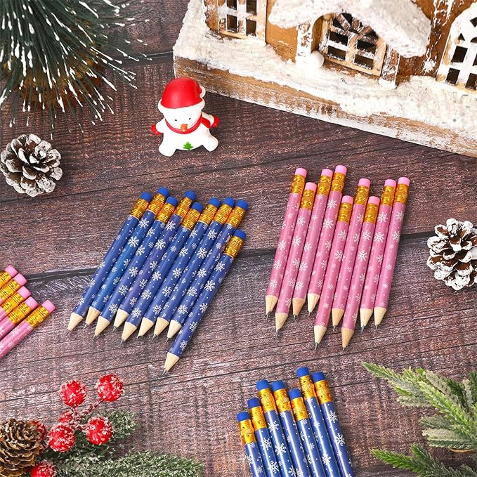 JarThenaAMCS 50Pcs Winter Short Pencil with Eraser 4 in Pink Blue Snowflake Writing Pencil Wood Christmas Half Pencil for Classroom Office Stationery Gift