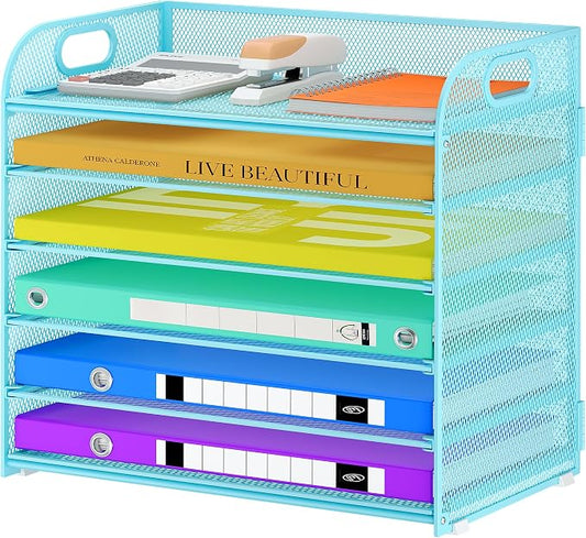 Cawukege 6 Tier Paper Organizer, Letter Tray with Handle, Mesh Desk Organizer, Metal File Organizer, Office Desk Accessories for Home, Office, Classroom, School -Blue