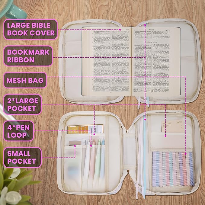 Large Bible Cover for Women, Durable Quilted Tote Bag with Handles, Bible Carry Case for Girls, Bible Study Supplies Accessories (Pink)