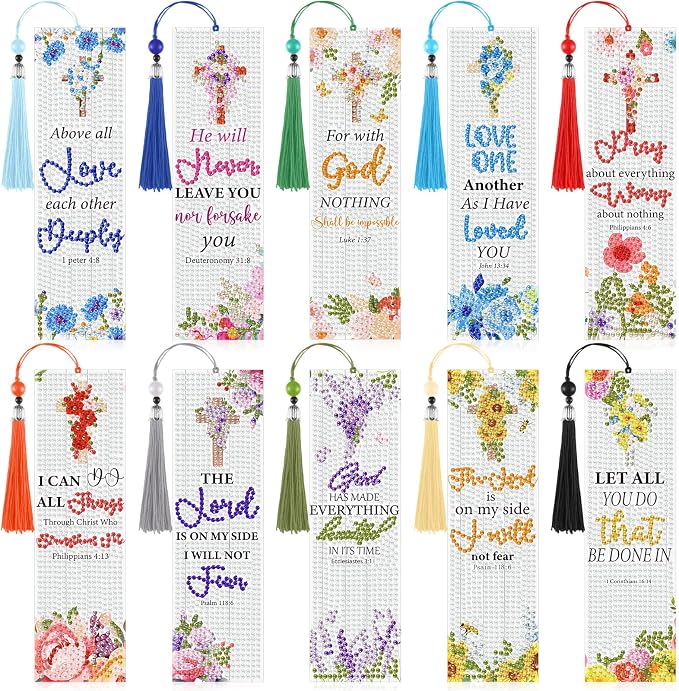 Sinload 10 Pcs Christian Bible Verse Diamond Art Bookmark for Adults Christian Diamond Bookmarks with Tassels 5d Watercolor Floral Cross Bookmarks for Reading Lover DIY Crafts Religious Gifts