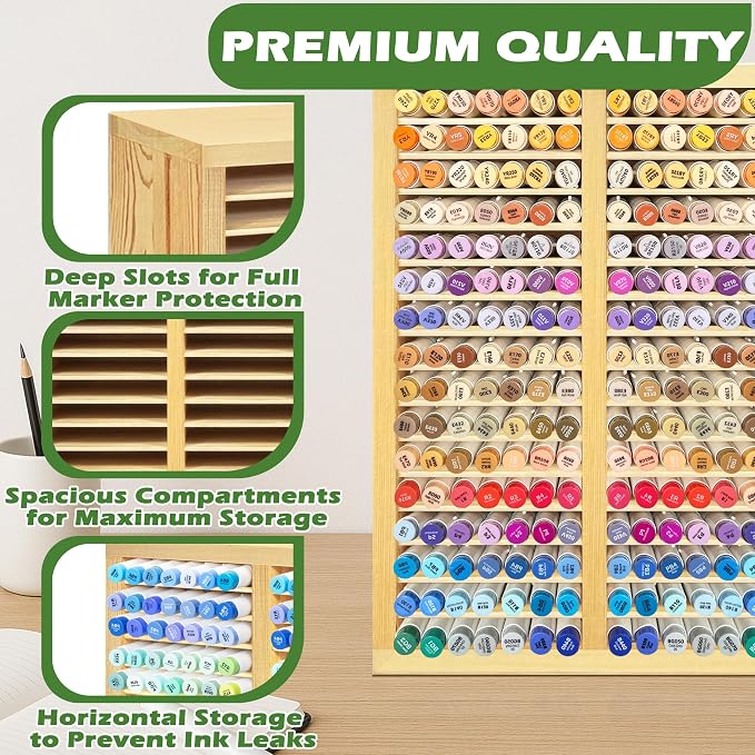 PROLEE Marker Organizer for 224 Markers,Wooden Marker Holder with 32 Slots, Pens Pencils Art Supply Alcohol Markers Storage Organizer for Desk Home Classroom Office Decor(Natural,15“x11”x5.2 “)