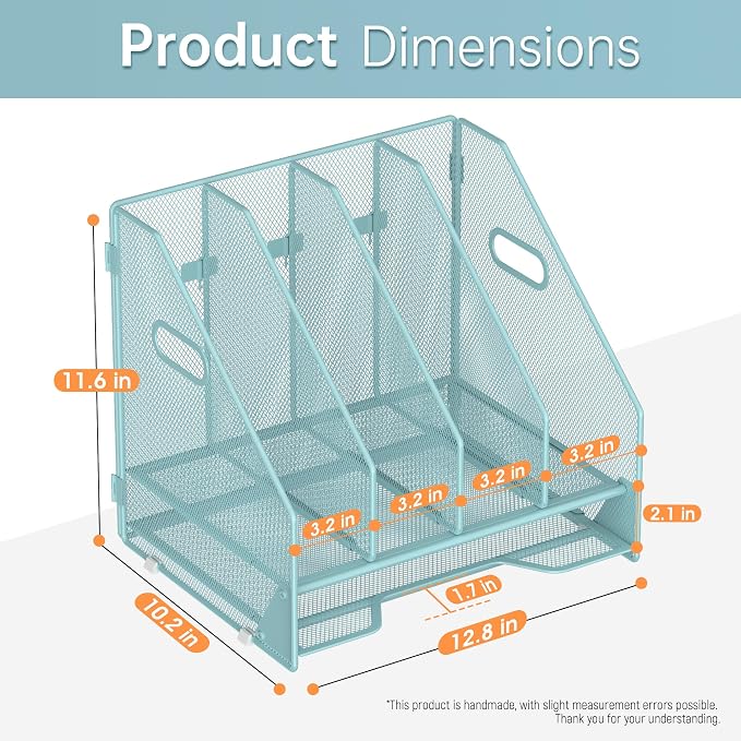 Docnest Desk File Holder Sorter, 4 Vertical Compartments Rack with Letter Tray, Mesh Magazine File Holder with Handle,Workspace Organizers,Desk Organizers for Paper, Mail, Documents-Blue