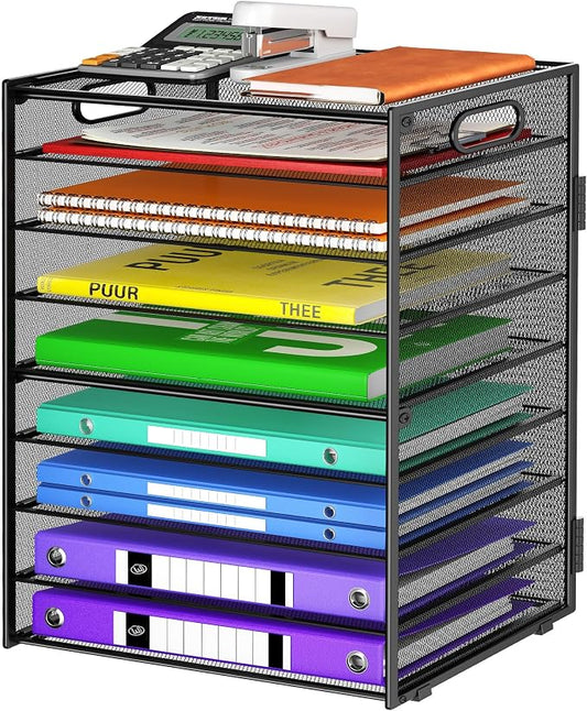 Cawukege 9 Tier Paper Organizer with Handle, Black Large Capacity Desk Organizer Mesh File Folder Letter Paper Tray Desktop Document Sorter for Classroom, School, and Office Accessories Organization