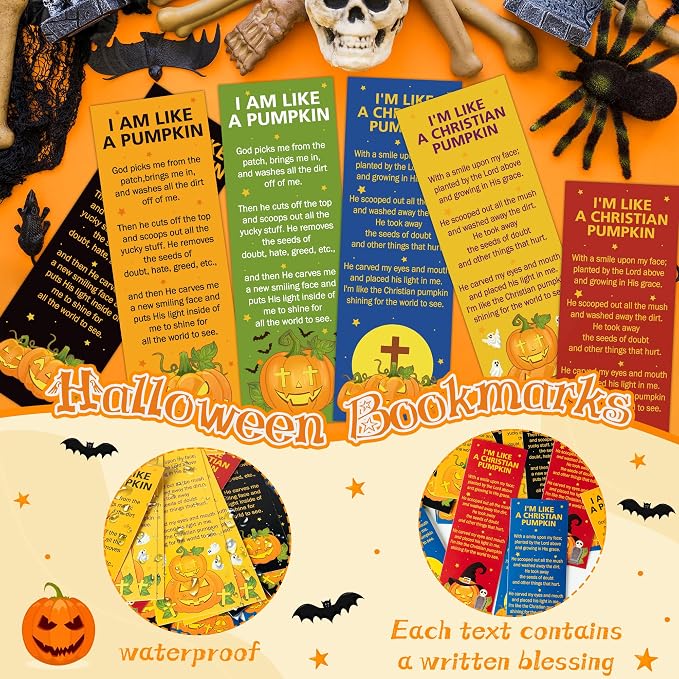 TICIAGA Halloween Pumpkin Bible Bookmarks - 60PCS Pumpkin Prayer Bookmarks for Kids Religious Christian Church Bible Verses Bookmark Giveaways for Sunday School Halloween Party Favors for Classmates