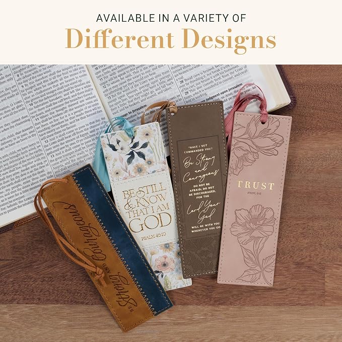Christian Art Gifts Premium Vegan Leather Inspirational Scripture Bookmark for Women: Strong & Courageous Encouraging Bible Verse, Satin Ribbon, Sturdy Debossed Reading Accessory, Brown Floral & Gold