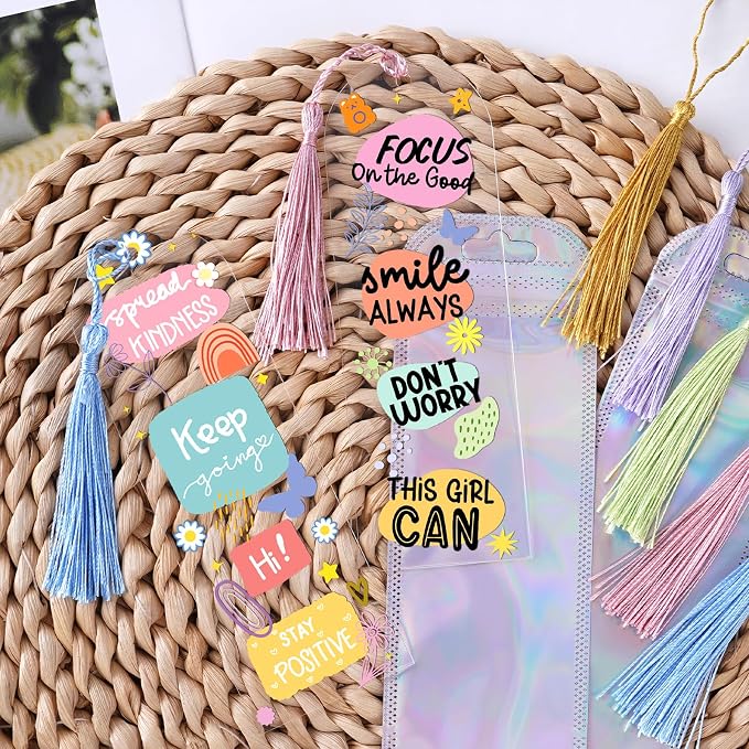 Dazoratix Inspirational Bookmark Making Kit - 60 PCs Boho Motivational Clear Acrylic Bookmarks Blanks Colorful UV DTF Stickers DIY Craft Transparent Book Marks with Tassels for Reading Lover Kids Gift