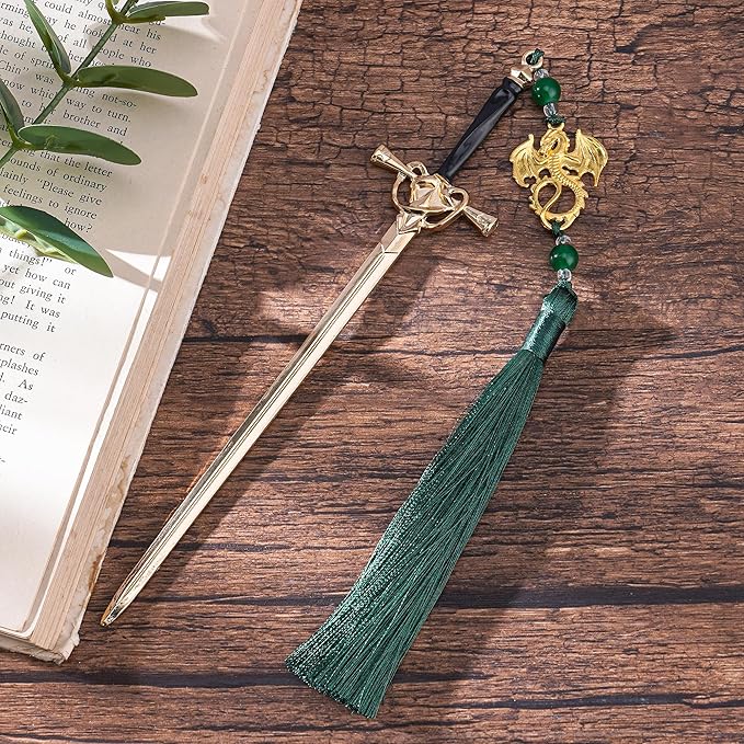 Dragon Sword Metal Bookmarks - Fantasy Fourth Wing Book Mark Gift Reading Men Cool Aesthetic Merch Green Tassels Page Marker Funny Book Lover Novel Fans Boy Student Teacher School Supplies