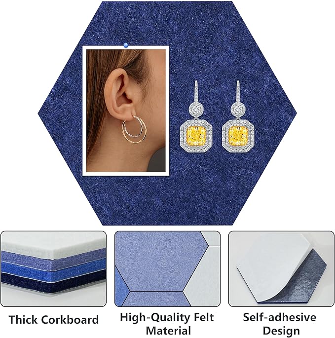 Vienrose Hexagon Felt Bulletin Board Self Adhesive Pin Board Wall Decoration Tiles with 35 Push Pins for Office Home and School, Blue Series 12 Pack