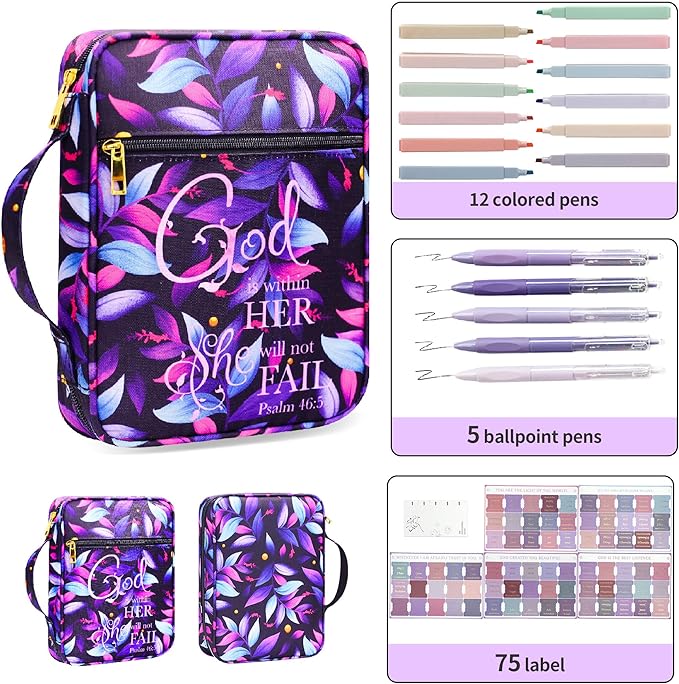Bible Cover for Women, Bible Holder, Bible Study Supplies Accessories Bible Cover Carrier Carrying Organizer Bag, Zipper and Pockets for Standard Size Bible, Gift for Women（purplesuit）