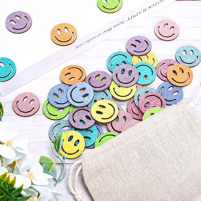 FYSUIMU 45 Pcs Glitter Smile Extra Tokens for Reward Jar Colorful Happy Face Wooden Cutouts Tokens with Linen Pocket for Back to School Classroom Student Teacher