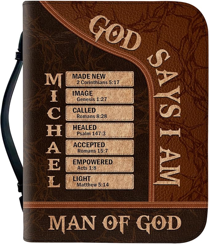 Personalized Man of God Bible Cover, God Says I Am Bible Case PU Leather, Bible Holder Handle Zipper, Faith Scripture with Name Case Bag, Religious Gifts for Church Christians Women Men