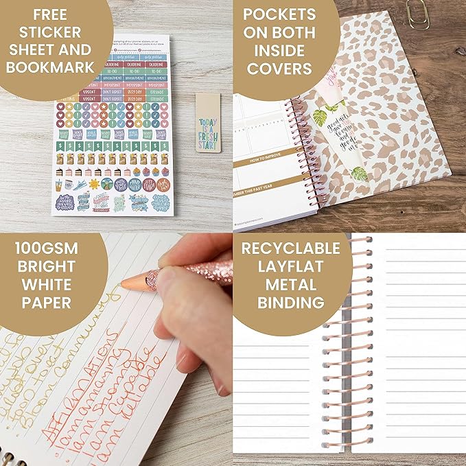 bloom daily planners UNDATED Calendar Year Day Planner - Passion/Goal Organizer - Start Anytime Monthly/Weekly Agenda Book with Tabs (January to December) - 5.5" x 8.25" - Tan Leopard