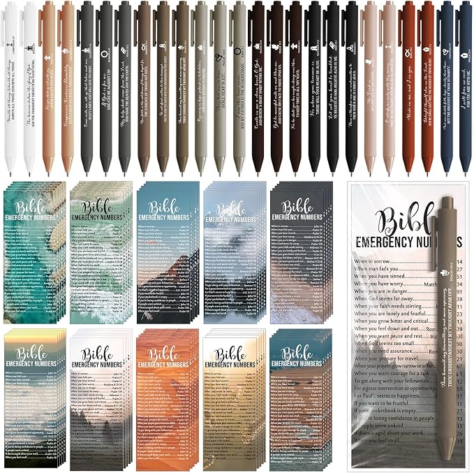 Feifeiya 50 Sets Christian Fathers Day Gifts Bulk Religious Pens Bible Verse Emergency Numbers Bookmark Scripture Catholic Gift for Women Men Church Welcome Sunday School(Neutral Color,English)