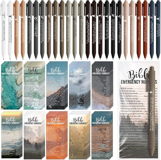 Feifeiya 50 Sets Christian Fathers Day Gifts Bulk Religious Pens Bible Verse Emergency Numbers Bookmark Scripture Catholic Gift for Women Men Church Welcome Sunday School(Neutral Color,English)