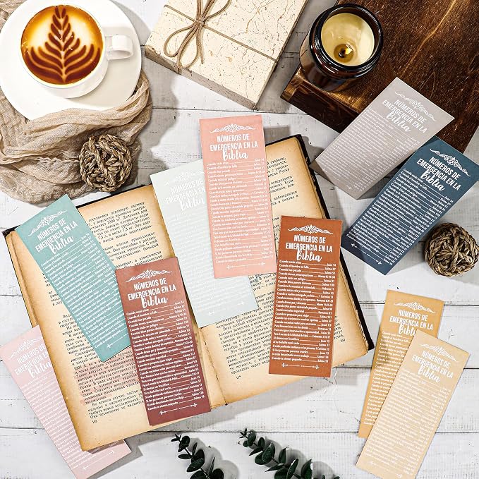 Motiskyy 100 Pcs Spanish Bible Emergency Numbers Bookmark Christian Church Gift 6 x 2.36 Inches Religious Fathers' Day Gift for Church Favor Welcome Sunday School Teacher(Boho Color)