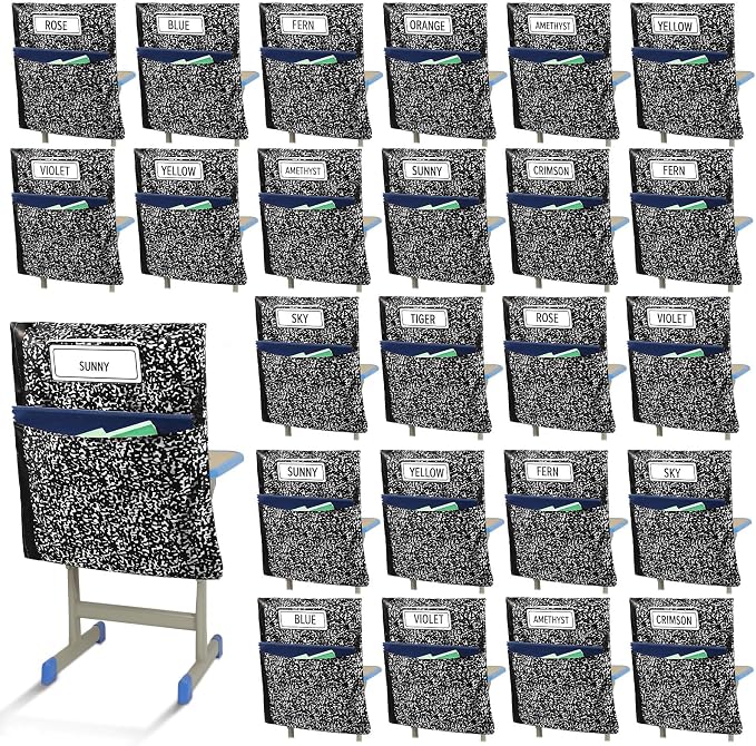 24 Pack Chair Pockets for Classroom Back to School Composition Seat Pocket 20 x 17 Inch K 2 Student Chair Bag Organizer with Name Tag Oxford Cloth Storage Bag for Kindergarten Primary (Black)