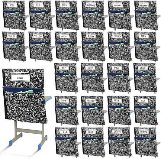24 Pack Chair Pockets for Classroom Back to School Composition Seat Pocket 20 x 17 Inch K 2 Student Chair Bag Organizer with Name Tag Oxford Cloth Storage Bag for Kindergarten Primary (Black)