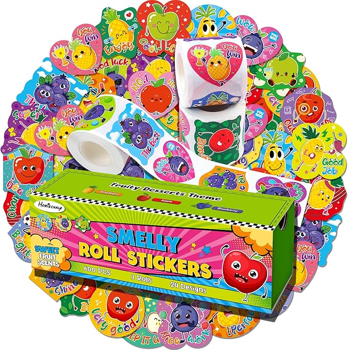 HORIECHALY 600 Pcs Scented Stickers for Kids, 3 Rolls Scratch and Sniff Smelly Motivational Reward Stickers, Classroom Encouragement School Smelly Sticker for Teachers, Students(1.57")