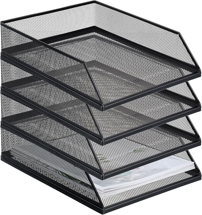 Hicarer 4 Pcs Black Metal Letter Tray Stackable Desk Tray Single Wire Mesh Organizer Front Load File Paper Holder for Desktop Office Home School Classroom (12.8 x 9.84 Inch)
