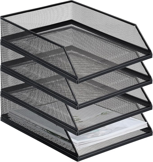 Hicarer 4 Pcs Black Metal Letter Tray Stackable Desk Tray Single Wire Mesh Organizer Front Load File Paper Holder for Desktop Office Home School Classroom (12.8 x 9.84 Inch)