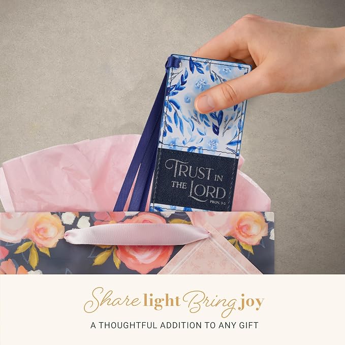 Christian Art Gifts Premium Vegan Leather Inspirational Scripture Bookmark for Women: Trust in the Lord Encouraging Bible Verse, Cute Satin Ribbon for Reading Books & Bibles, White/Blue/Silver Floral