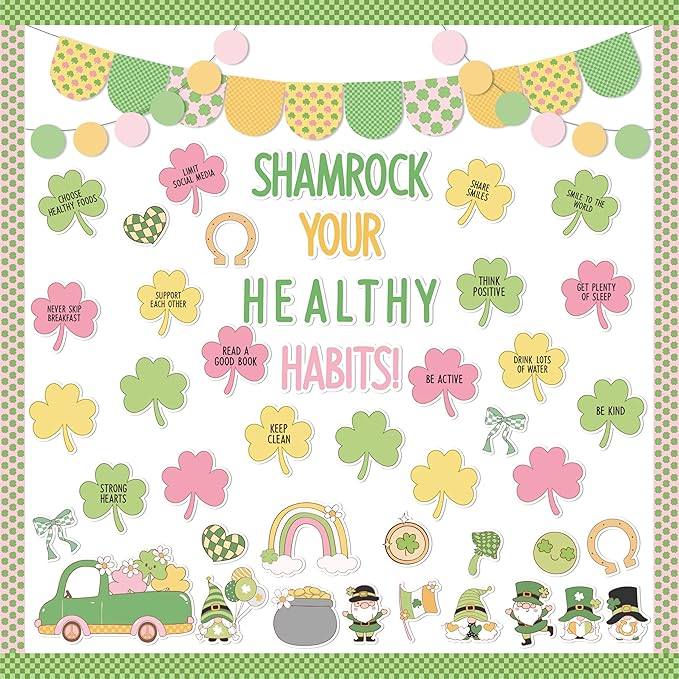 139Pcs St. Patrick’s Day Bulletin Board Decorations, Shamrock Cutouts Gnome Lucky Clover Name Tags Health Themed Classroom Bulletin Board Border Trims Office School Chalkboard Supplies Decor