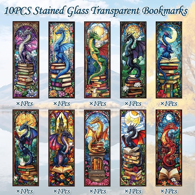 Dragon Stained Glass Transparent Bookmark - Wxiben 10 Pcs Fantastic Transparent PVC Bookmark Cool Dragon Floral Book Mark Page Clips Gifts for Women Men Book Lovers Teacher Student Bookish Readers