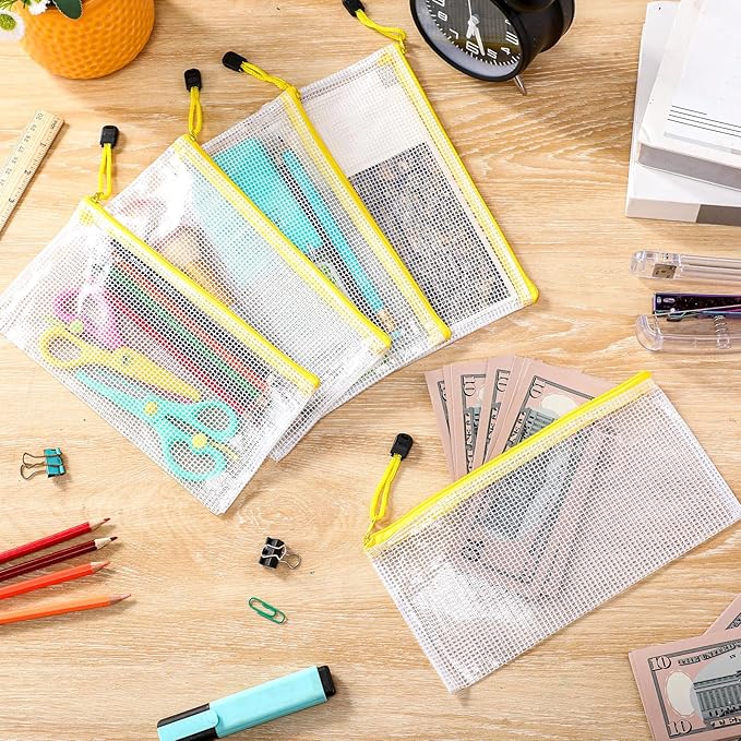 Sherr 120 Pcs Mesh Zipper Pouch A6 Pencil Pouches Bulk Small Clear Mesh Bags with Zipper 9.45'' x 4.53'' Waterproof File Bag Pencil Case for School Office Travel Organization(Yellow)