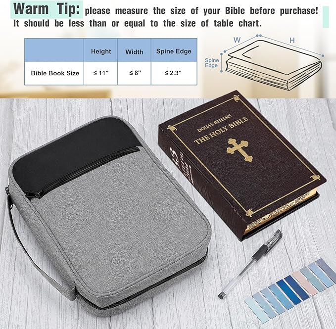 Bible Cover, Carrying Bible Case Book Cover Church Bag with Handle Large Size 10 * 7.5 * 2.5in, Bible Protective Case w/ 200 PCs Bible Tabs for Men Women, Gray