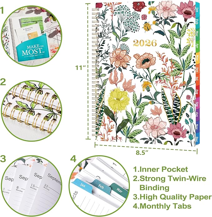 2026 Planner – Weekly ＆ Monthly Planner 2026, Jan. 2026 – Dec. 2026, 8.5" x 11" with Colorful Tabs, Flexible Cover, Thick Paper, Twin-Wire Binding, Back Pocket, To-Do ＆ Notes