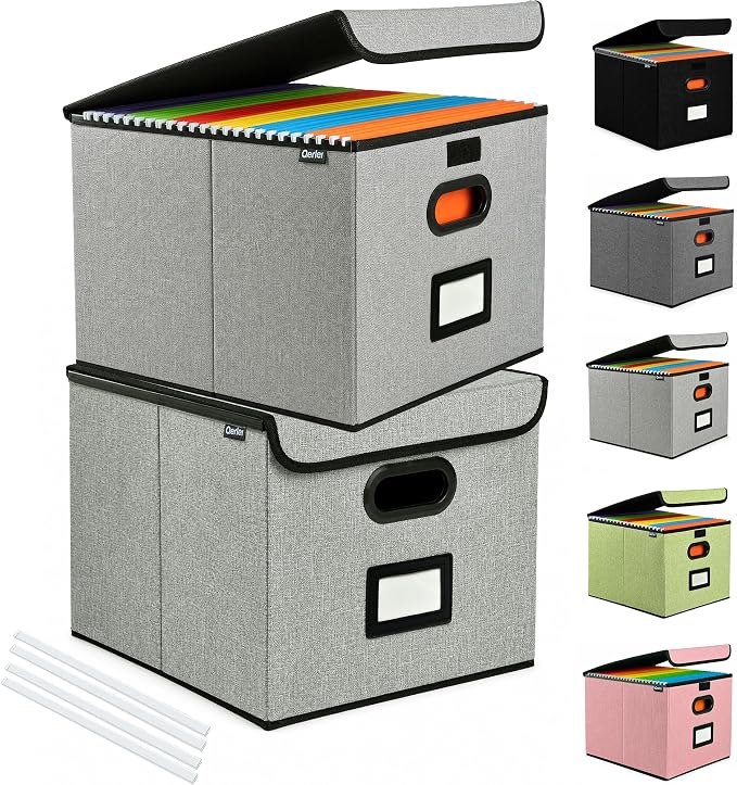 Qerlei File Organizer Boxes with Lids,Collapsible File Folder Organizer with Plastic Slide,Collapsible Filing & Storage Boxes for Office/Decor/Home (Grey, 2 Pack)
