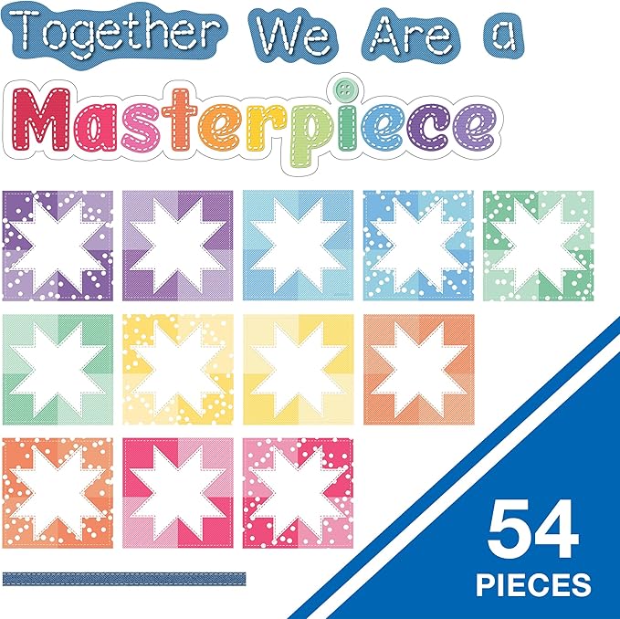 Carson Dellosa Crafty and Cool 54-Piece Together We are a Masterpiece Motivational Bulletin Board Set, Colorful Quilt Squares and Denim Strips Classroom Decor